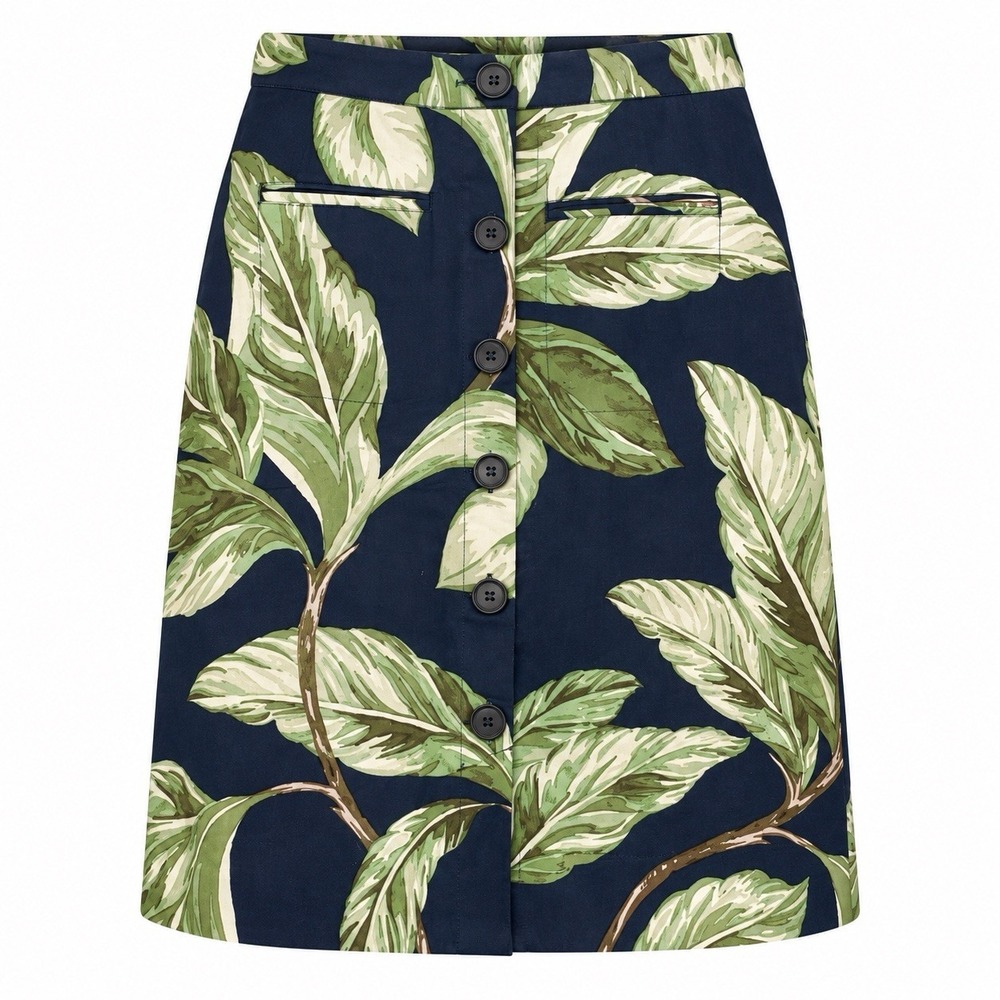 Ann Taylor 2 Petite Skirt Blue Green Botanical Leaf Cotton Linen Lined